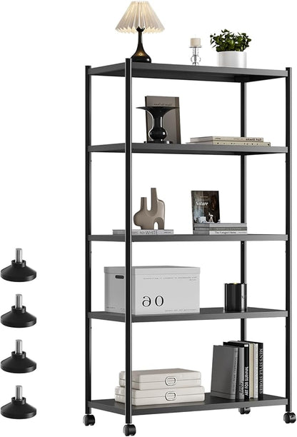 ZZL 5 Tier Large Bookshelf 31.49" Width,Tall Book Shelf Storage and Organization w/Wheels,Industrial Book Shelves for Home Office,Bedroom,School,Living Room(Black)
