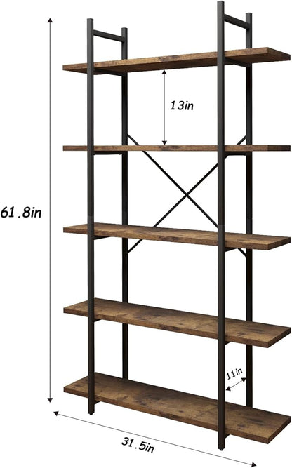 5 Tiers Bookshelf Organizer Industrial Shelf,Modern Open Display Storage Bookcase,Rustic Brown and Metal Bookshelf Standing Storage Shelf Tall Shelving Units for Home Office Study.
