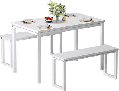 Soges Industrial Style White Dining Table Set for 4, 3 Piece Rectangular Wooden Table and Long Benches, Kitchen and Dining Room Set