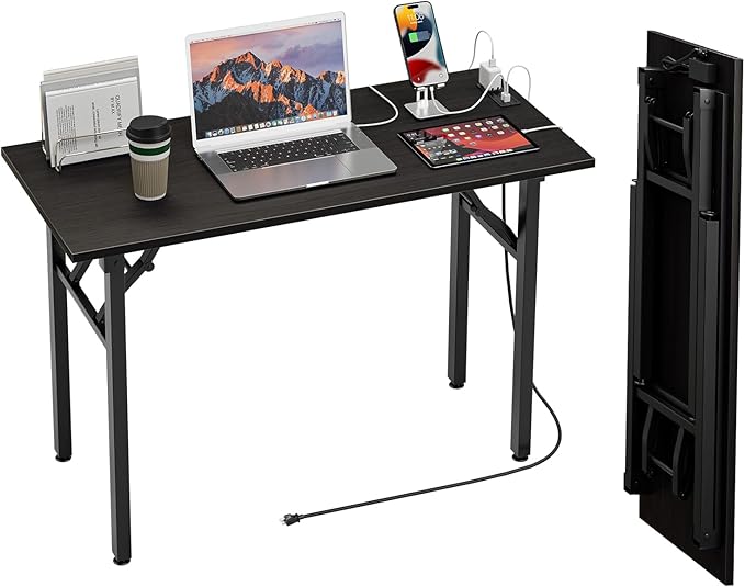 TEMI Small Computer Desk Folding Table - No Assembly, Compact 43.3" Foldable Desk with Power Outlets & USB Charging Port, Portable Small Office Desk, Ideal Mini Study Table, Charcoal Wenge