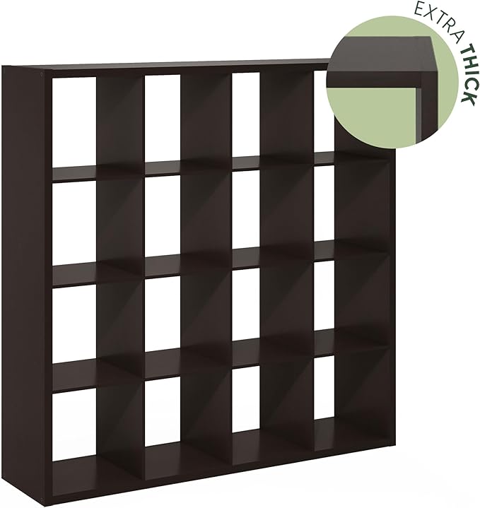 Furinno Cubicle Open Back Decorative Cube Storage Organizer, 16-Cube, Black Dark Oak