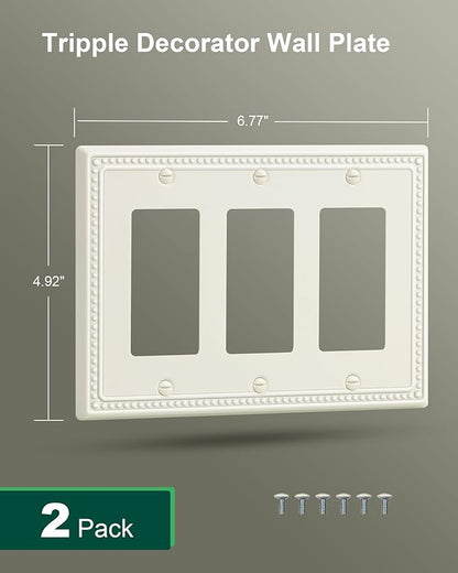 2-Pack Triple Decorator Outlet Cover Plate, Light Almond Pearls Decorative Switch Plates Covers, Metal Wall Plates for Electrical Outlets, Receptacle, GFCI Outlet, Dimmer Switch