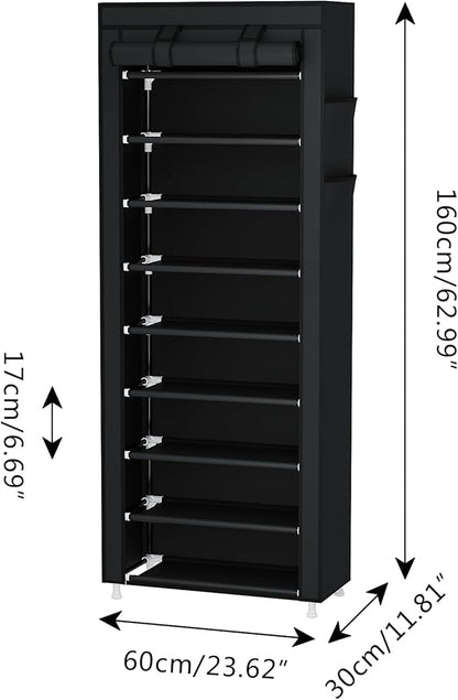 Calmootey 9 Tier Shoe Rack Organizer,Portable Shoe Shelf with Nonwoven Fabric Cover for Closet Hallway,Bedroom,Entryway,Black