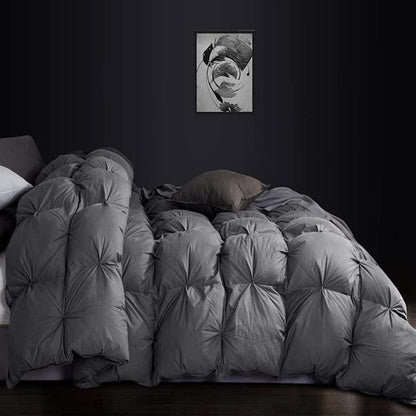 Luxurious Goose Down Feather Fiber Comforter Oversize California King Size Duvet Insert, Pinch Pleat Ruffled Twisted Flower, 108 x 98 inches, 100% Egyptian Cotton Cover, 80 oz. Fill Weight, Gray