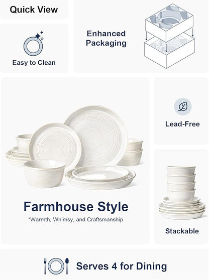 LE TAUCI Dishes Set for 4, Stoneware Plates and Bowls Set, Farmhouse Ceramic Dinnerware, Microwave & Dishwasher Safe, Stackable,12-Piece, Arctic White (10" Dinner+8" Salad Plates+6" Bowls)