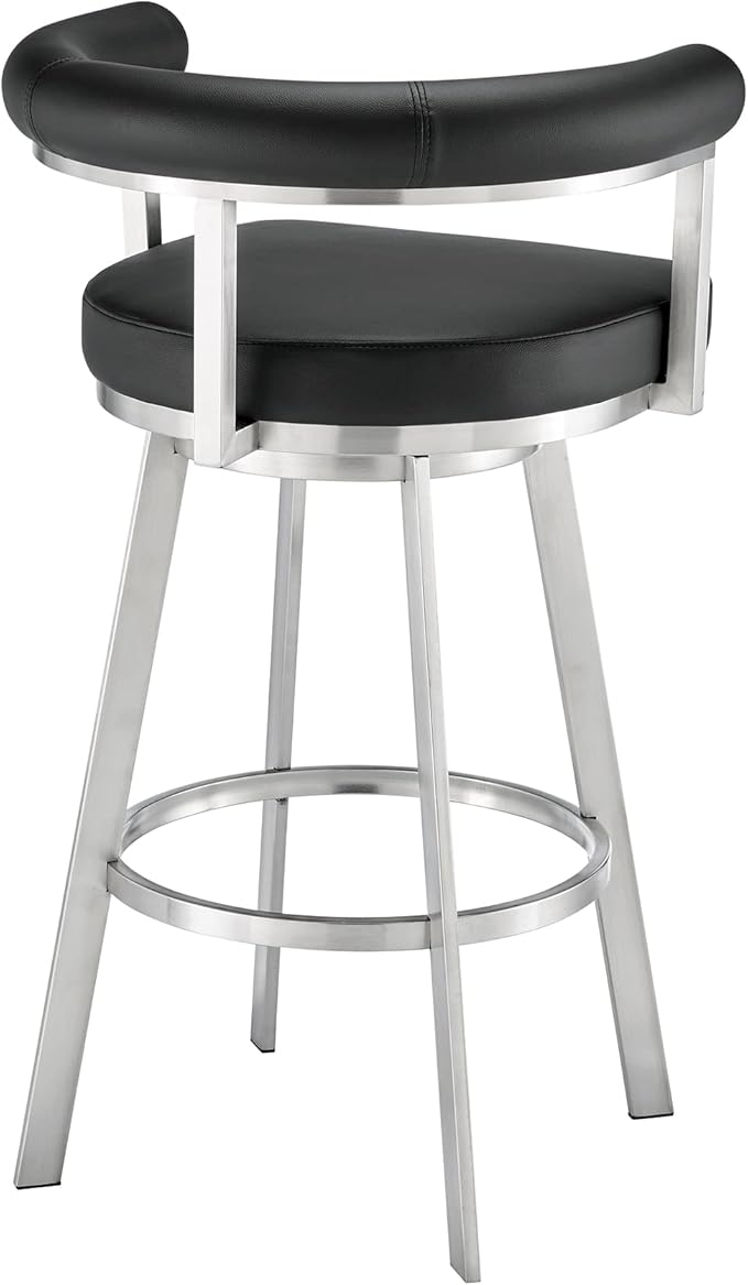 Armen Living Magnolia Swivel Bar Stool in Brushed Stainless Steel with Black Faux Leather