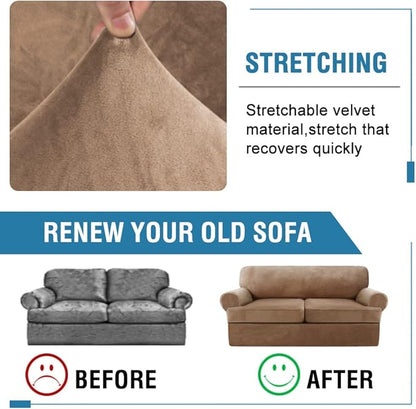 H.VERSAILTEX Sofa Cover 3 Piece T Cushion Sofa Slipcovers Thick Velvet Couch Cover Furniture Protector Stretch T Cushion Sofa Covers for 2 Cushion Couch with 2 Individual T Cushion Covers, Camel