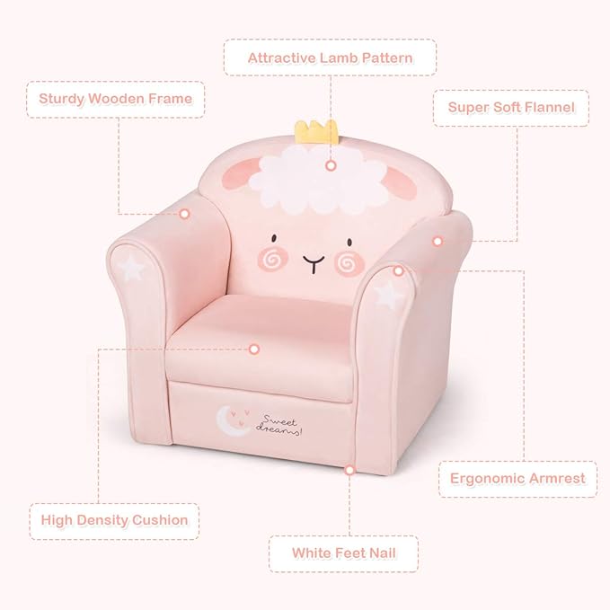 Costzon Kids Couch, Children's Sofa Armrest Chair with Pattern, Toddler Furniture w/Sturdy Wood Construction, Preschool, Lightweight Kids Couch Sofa Chair for Aged 1-5 Boys & Girls Gifts, Lamb