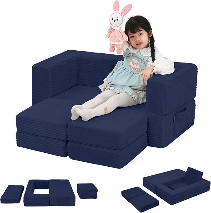 MeMoreCool Modular Kids Couch, Corduroy Play Toddler Couch for Bedroom Playroom Furniture, Convertible Foam Kids Sofa Bed, Fold Out Baby Sofa for Girl Boy, Navy
