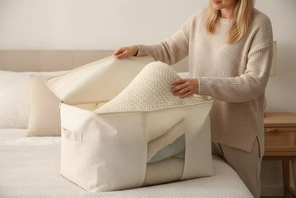Soft Large Canvas Comforter Storage Bags with Four Carrying Handles and Clear Window, Closet Organizer for Clothing, Blankets Sheets Pillows and Bedding, 80L, 6 Pack, Beige