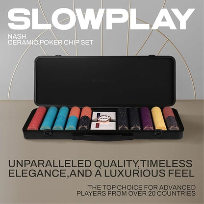 SLOWPLAY Nash Ceramic Poker Chips Set for Texas Hold'em, 500 PCS [with Numbered Values],43mm Poker Chips, 12g Each | Features a High-end Chip case with Extra Durable German Polycarbonate Shell