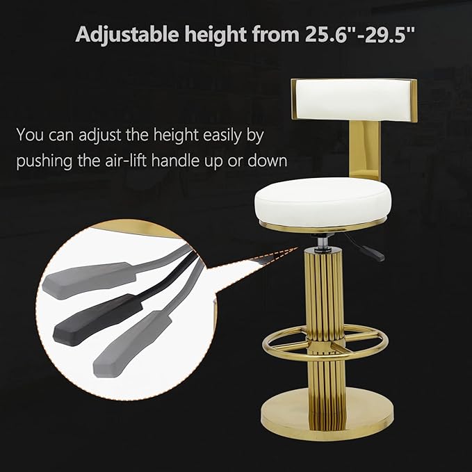 FUNROLUX Counter Height Bar Stools with Back, Modern Adjustable Height Barstools Swivel Bar Chairs with Polished Gold Stainless Steel Legs and Comfortable Cushion for Kitchen Island Counter (White)