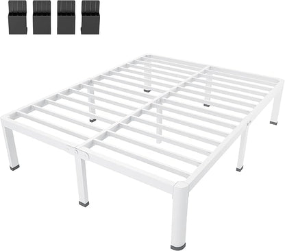 MAF 18 Inch King Size Bed Frame White with Round Corner Legs Mattress Slide Stopper No Box Spring Needed Heavy Duty Metal Platform Bed Frames Under-Bed Storage Space, 3000 LBS Steel Slats Support