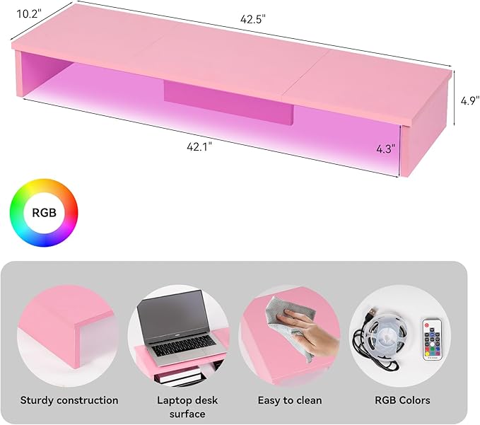 TV Riser Stand with LED Lights, 42.5" Super Large Monitor Stand Riser, Tabletop TV Stand Riser for Desk, Desk Shelf for Top of Desk, Desktop Organizer for Computer, TV, Laptop, Printer