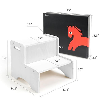 WOOD CITY Toddler Step Stool, Wooden 2 Step Stools for Bathroom Sink Potty Training Kitchen Dual Height Stool Helper for Kids Bonus Non-Slip Pads and Handles for Safety (White)