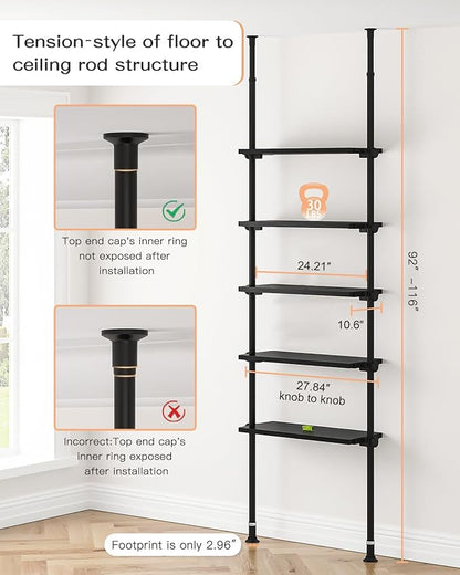 ALLZONE 5 Tiers Narrow Bookshelf, Tall Adjustable Ladder Book Shelf with Open Storage, Floor to Ceiling Tension Mount, Wooden Industrial Bookcase for Living Room, 92 to 116 Inch, Black