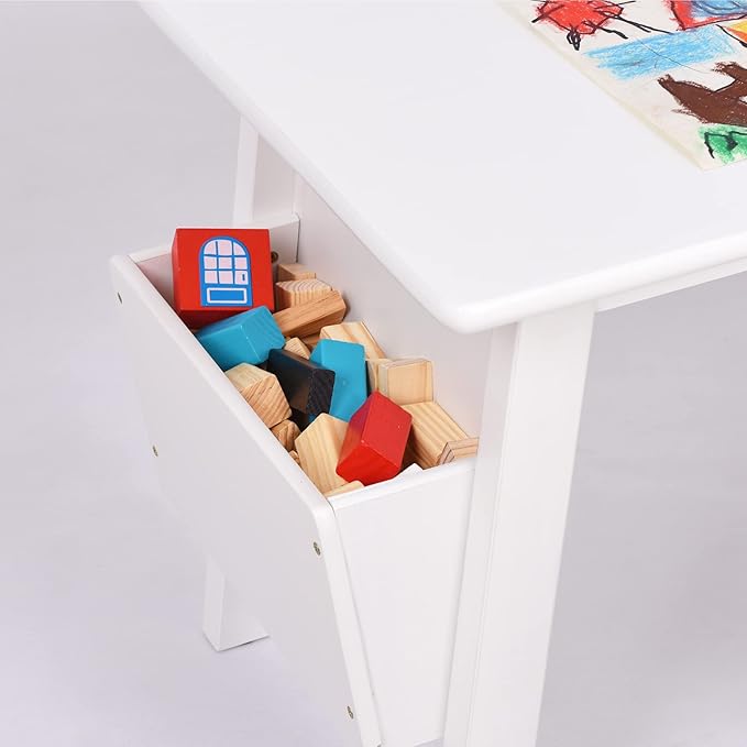 Kids Solid Wood Table and 2 Chair Set with Built-in Storage Cases Children's Storage Table and Chair Set for Toddlers Boys and Girls (Bianca White)