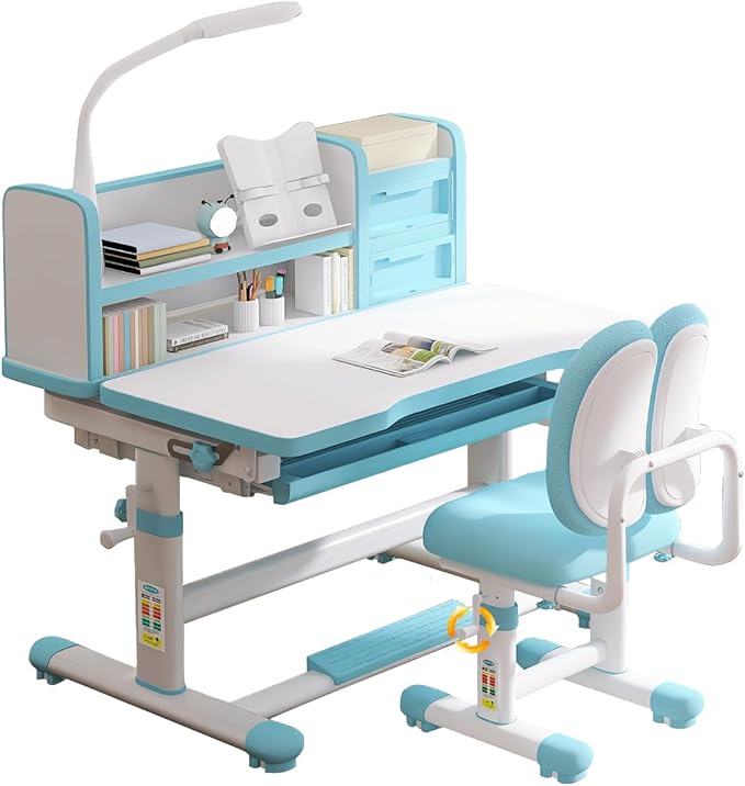 Kids Study Table and Chair Set Blue Height Adjustable Child's School Study Writing Tables Kids Desk and Chair Set Adjustable Art Desk Girls for Bedroom with Large Writing Board and Drawer