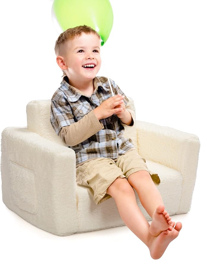 ALIMORDEN 2-in-1 Flip Out Cuddly Sherpa Kids Couch, Convertible Sofa to Lounger, Cream