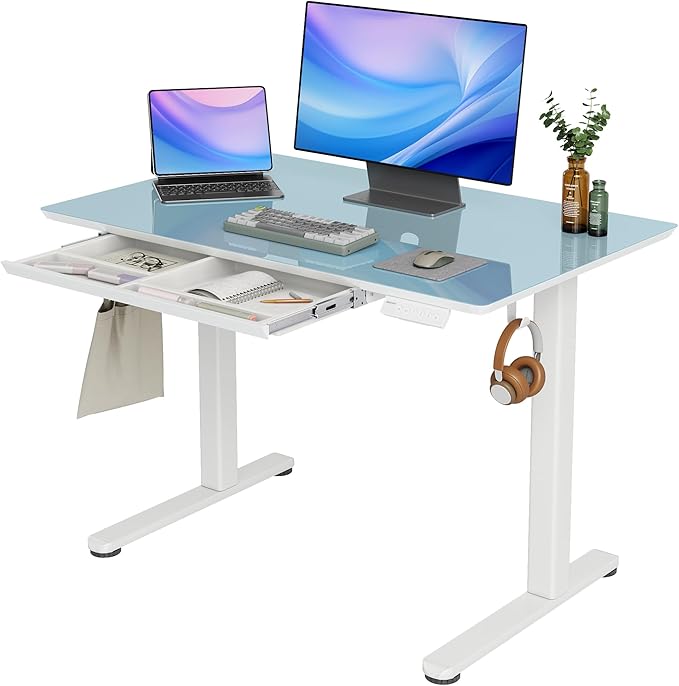 INNOVAR Glass Standing Desk with Drawers, Adjustable Height Electric Stand Up Desk, Small Standing Desks with Storage, 40 inch, Morandi Blue