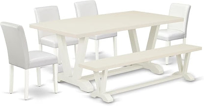 East West Furniture V027AB264-6 6 Piece Dining Set Contains a Rectangle Dining Room Table with V-Legs and 4 White Faux Leather Parson Chairs with a Bench, 40x72 Inch, Multi-Color