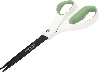 Fiskars Everyday Fashion Scissors, 8" Non-Stick Stainless Steel Blades, White and Green, Cuts Sticky Materials Like Tape and Glue