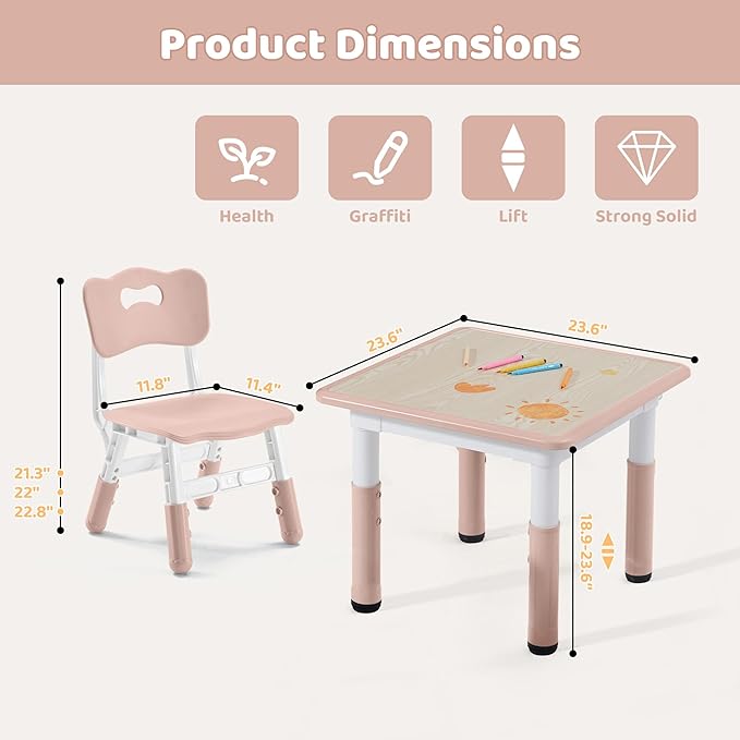 Kids Table & Chairs Set (2 Chairs) Height Adjustable for Ages 2-8 | Non-Slip Toddler Activity Table with Wipe-Clean Desktop, Montessori Learning & Art Drawing Table for Home Preschool