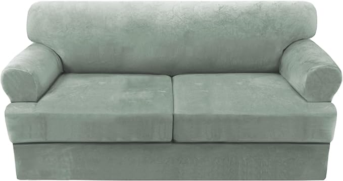 H.VERSAILTEX Sofa Cover 3 Piece T Cushion Sofa Slipcovers Thick Velvet Couch Cover Stretch T Cushion Sofa Covers for 2 Cushion Couch with 2 Individual T Cushion Covers Washable, Sea Grass