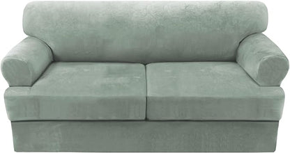 H.VERSAILTEX Sofa Cover 3 Piece T Cushion Sofa Slipcovers Thick Velvet Couch Cover Stretch T Cushion Sofa Covers for 2 Cushion Couch with 2 Individual T Cushion Covers Washable, Sea Grass