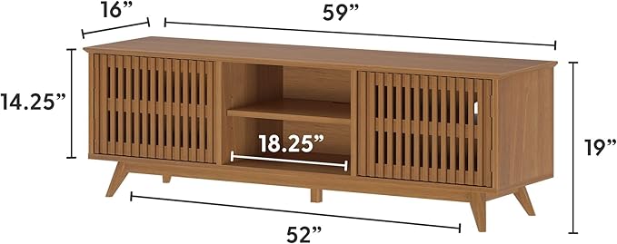 Plank+Beam Mid-Century Modern Wood TV Stand, Solid Wood Entertainment Console with Storage, 59" L x 16" W x 19" H, Pecan
