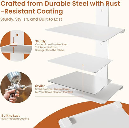 Invisible Bookshelf for Wall, 4 Tier Floating Bookshelf Made of Heavy Duty Metal, Vertical Spine Book Tower Hanging Wall Bookshelf, Floating Book Shelves for Wall, 2 Pack White