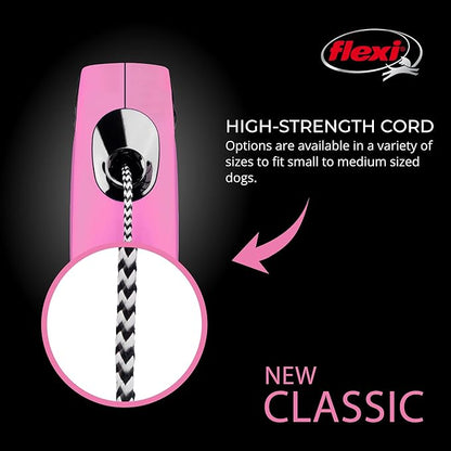 FLEXI New Classic Cord Retractable Dog Leash for X-Small Dogs up to 18 lbs. – 10 ft., Pink | Tangle-Free Pet Walking Leash with One-Handed Brake, Pause, Lock|German Quality Product