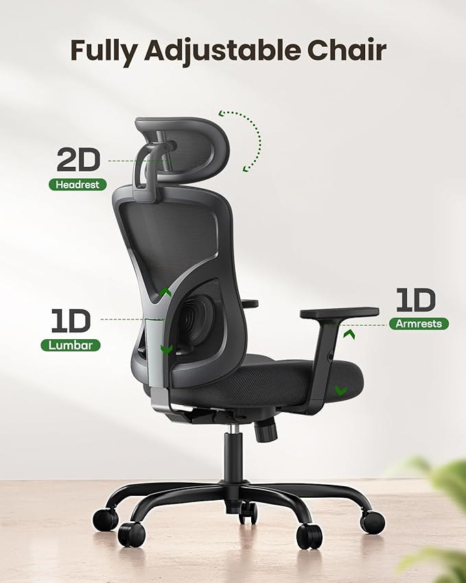 Marsail Ergonomic Office Chair Ergonomic Gaming Chair with Lumbar Support, 2D Headrest, Adjustable Armrests, Contoured Seat Cushion, Computer Desk Chair with Wheels for Home and Office