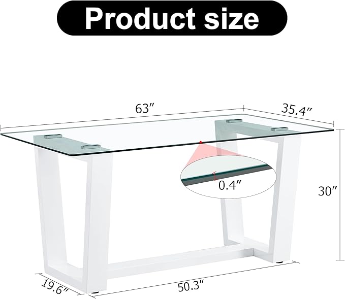 63" Modern Glass Dining Table with Rectangular Tempered Tabletop,Dinner Desk Set for 6-8 People W/Trapezoid Bracket,for Home,Kitchen,Dining Room,Office,White+Clear Finish