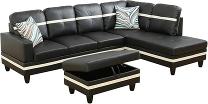 Couches for Living Room PU Leather L Shaped Couch Comfy 3 Pieces Sectional Sofa with Chaise, Ottoman with Storage for Office and Small Apartment, Black