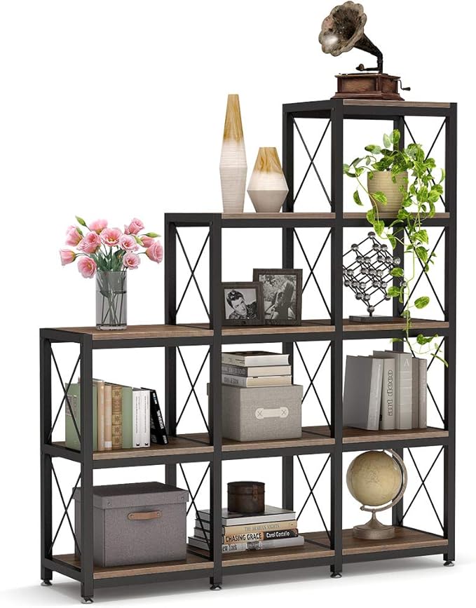 Tribesigns 12 Shelves Bookshelf, Industrial Ladder Corner Bookshelf 9 Cubes Stepped Etagere Bookcase, Rustic 5-Tier Display Shelf Storage Organizer for Home Office (Rustic Brown)