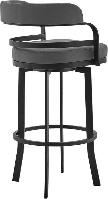 Armen Living Prinz Modern 26" Seat Height Gray Faux Leather and Black Steel Metal Swivel Bar Stool for Kitchen Island Counter
