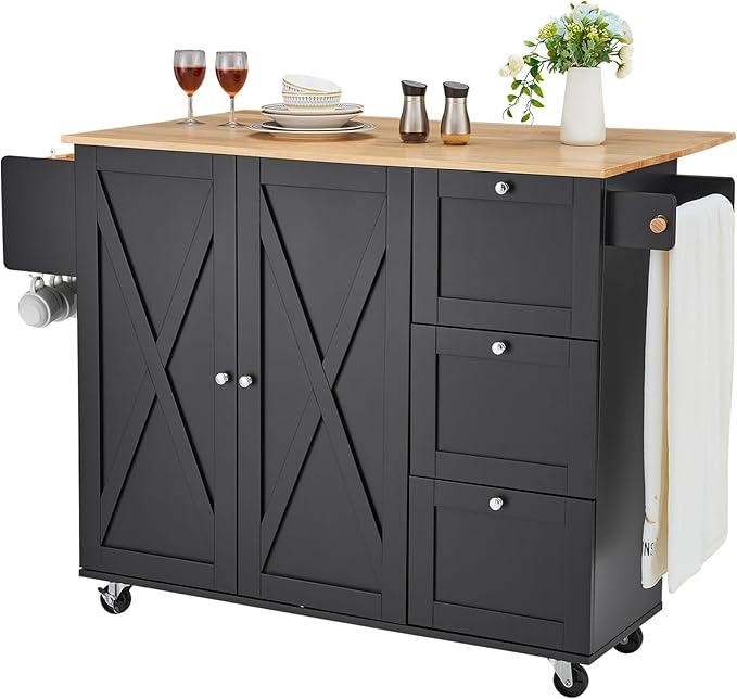 VEVOR Kitchen Island Cart, Rolling Table with Drop Leaf, Spice Rack, Towel Bar, Adjustable Shelf, Drawer, and Hooks, Mobile Island on Wheels, Mobile Carts with Storage Cabinet, 45.3" Wood Top, Black