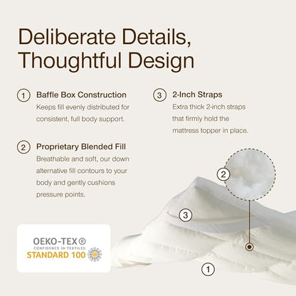 Coop Home Goods Essence Down Alternative Mattress Topper Queen, Plush 2-Inch Gusset and Baffle Box Design for Even Support and Comfort, Premium Bed Topper for Pressure Relief, Oeko-TEX Certified