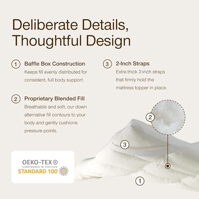 Coop Home Goods Essence Down Alternative Mattress Topper Cal King, Plush 2-Inch Gusset and Baffle Box Design for Even Support and Comfort, Premium Bed Topper for Pressure Relief, Oeko-TEX Certified