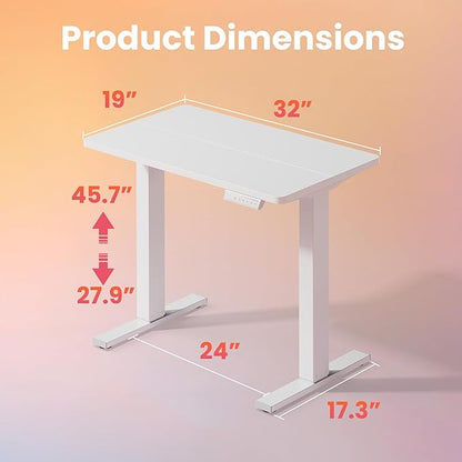 HUANUO 32" Small Electric Standing Desk Adjustable Height, 4 Memory Height Settings, Sit Stand Up Desk for Home Office & Computer Workstation, White