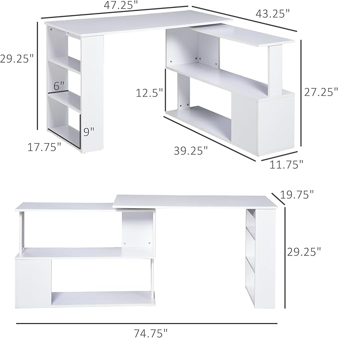 HOMCOM L Shaped Desk, Corner Computer Desk, 360 Degree Rotating Home Office Desk with Storage Shelves, Writing Table Workstation, White