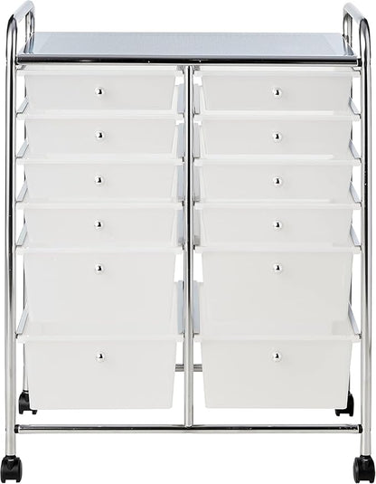 Whitmor 12-Drawer Rolling Storage Cart with Locking Wheels, Plastic Organizer for Crafts, Office, Beauty Supplies, Sturdy Metal Frame, Large Workspace, Chrome