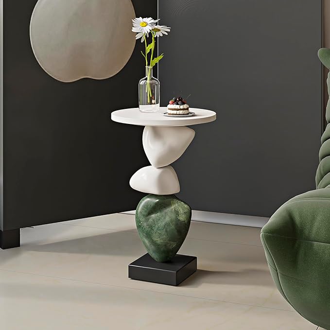 Luxury Coffee Table, Marble Style Side Table with Stacked Pebbles Design, Morden Style Oval Stone End Table for Living Room, Bedroon and Office