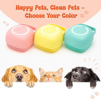 HamInWay Dog Bath Brush, 2-in-1 Dog Grooming Brush with Built-in Shampoo Dispenser, Gentle Silicone Bristles for Bath & Massage, Non-Slip Handle, Easy Clean Design for Dogs, Cats & Small Pets, Blue