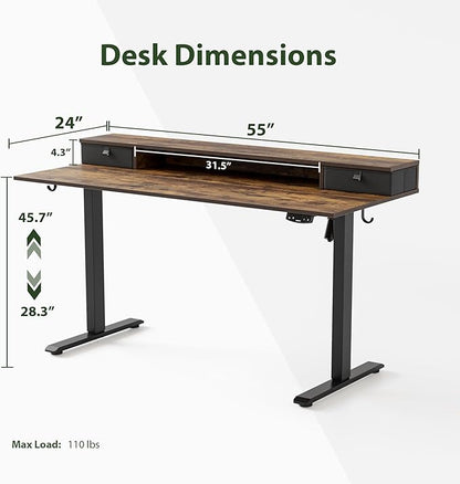 Agilestic 55 x 24 Inches Height Adjustable Electric Standing Desk with 2 Drawers, Stand Up Electric Desk Adjustable Height, Sit Stand Computer Gaming Table with Splice Board, Rustic Brown