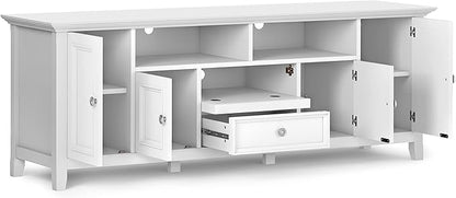 SIMPLIHOME Amherst 72-inch Wide Solid Wood TV Stand in White, Transitional-Style Media Console for Living Room with Cable Management and Adjustable Shelves, Fits 80" TVs