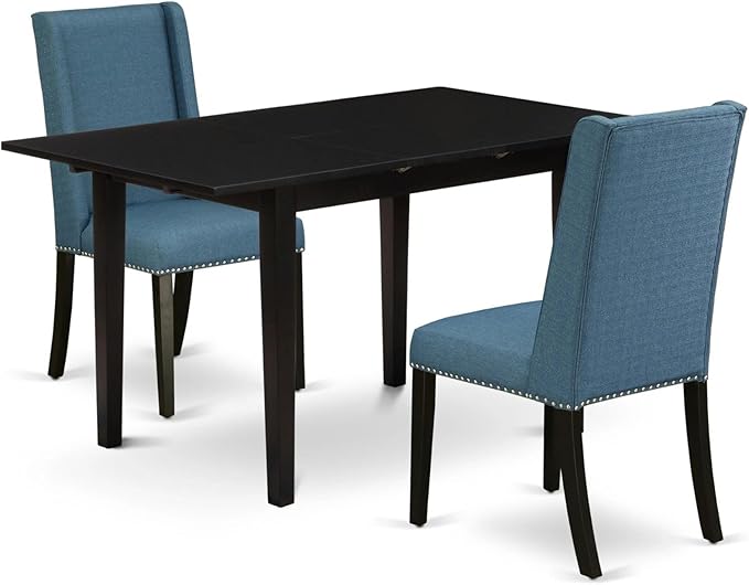 East West Furniture NOFL3-BLK-21 3 Piece Modern Dining Table Set Contains a Rectangle Wooden Table with Butterfly Leaf and 2 Blue Linen Fabric Upholstered Chairs, 32x54 Inch, Black
