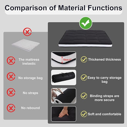Tiita Floor Mattress Memory Foam Mattress Topper, 4" Thicken Futon Mattress with Storage Bag and 2 Straps, Portable Roll Up Travel Car Camping Mattress Sleeping Pad Full Size, Black