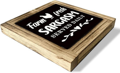 Farm Fresh Sarcasm Served Daily - Rustic Wooden Tabletop Decor Sign for Kitchen or Dining Room